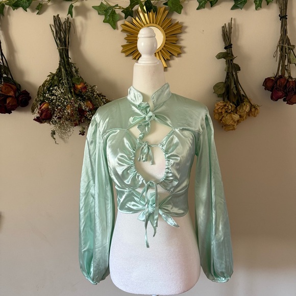 8 Birdies Tops - 8 Birdies Cottagecore/Renaissance Mint Green Silky Keyhole Blouse